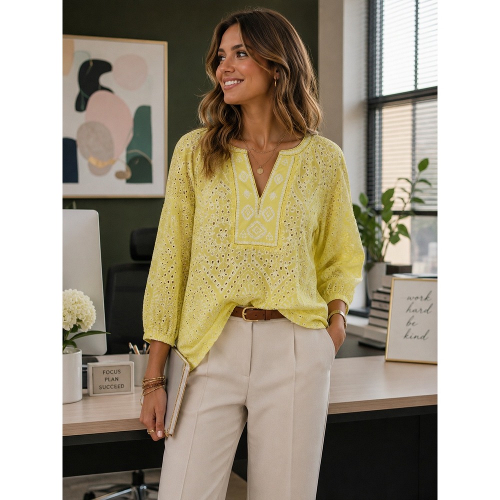Chicos Yellow Eyelet Sequin Tunic Top 3/4 Sleeve Cotton Blouse Size 2 L 12/14